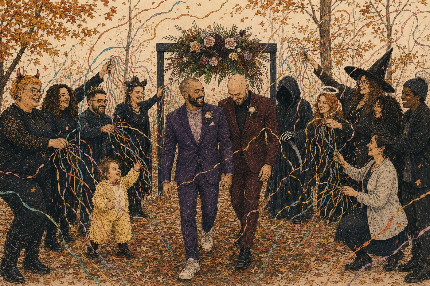 Two grooms walking back through a cheering circle of friends and chosen family throwing colorful streamers at an autumn wedding.