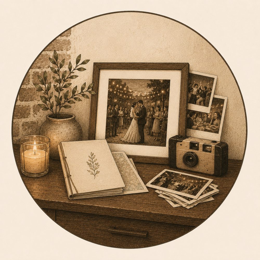 A keepsake corner with a framed wedding photo, a candle, a journal, a disposable camera, and printed photos.