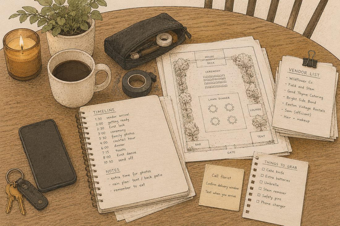 A planning desk: a printed day-of timeline, a hand-drawn floor plan, a vendor list, and a 'things to grab' checklist with safety pins and a phone charger.