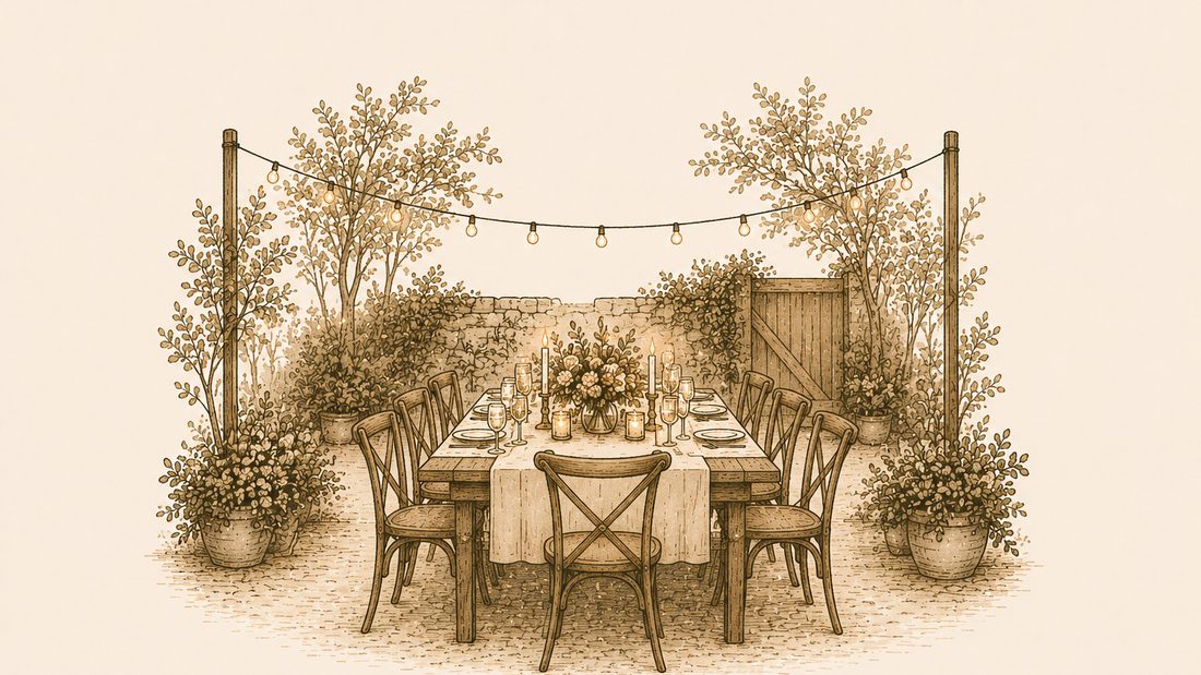 A long candlelit dinner table under string lights in a walled garden.