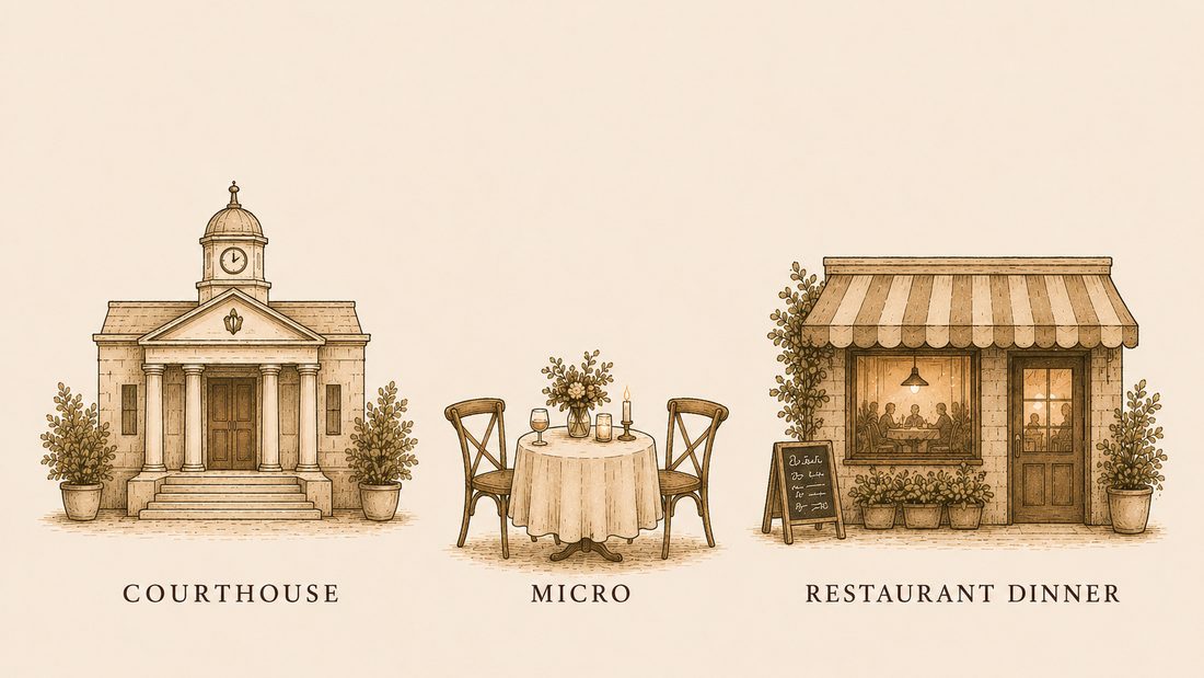 Three small-wedding scenes: a courthouse, a candlelit table for two, and a cozy restaurant dinner.