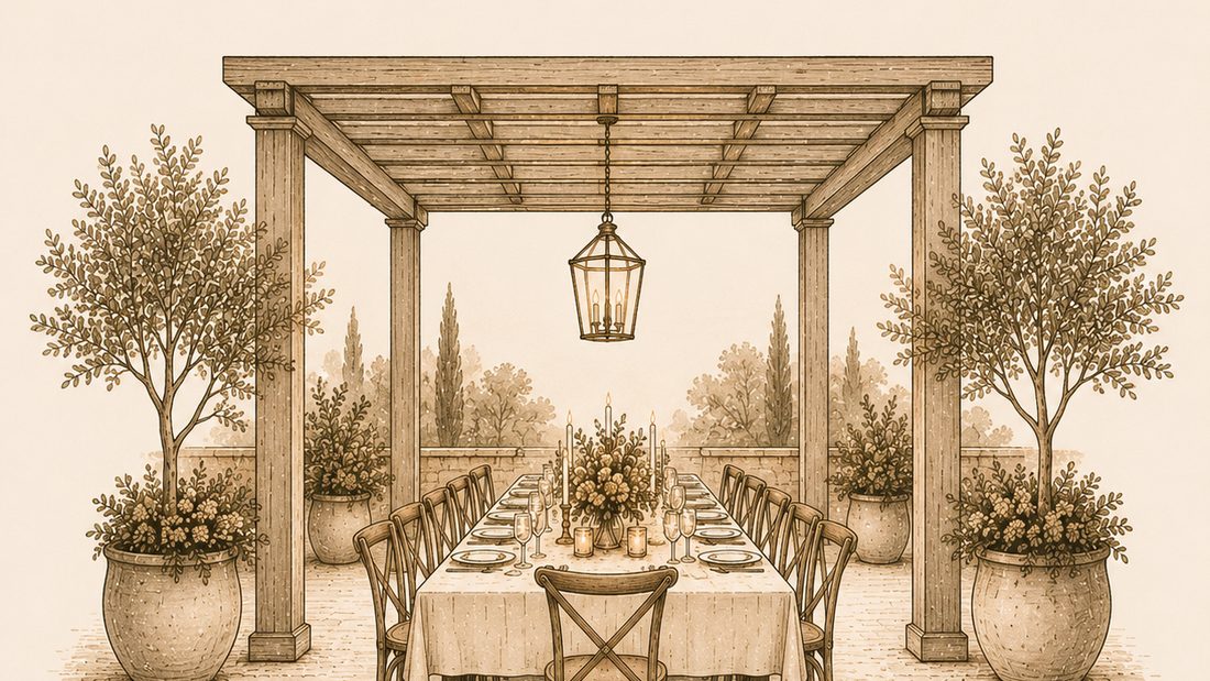 A set dinner table beneath a wooden pergola with a hanging lantern and potted trees.