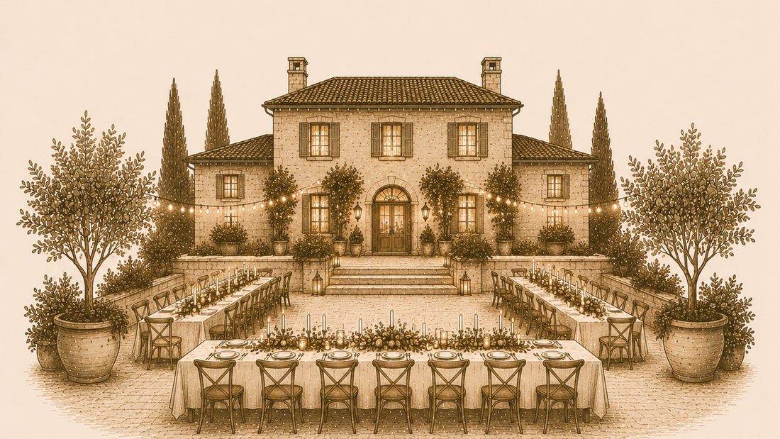 Long banquet tables set for a wedding dinner in front of a softly lit villa at dusk.